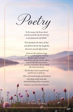 A beautifully designed poetry book cover featuring an ethereal landscape at dawn, with soft pastel colors creating a peaceful and reflective atmosphere