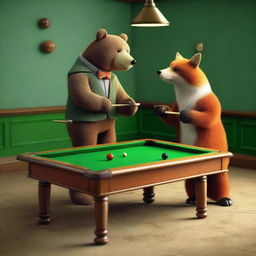 An image of highest quality featuring a bear and a fox engaged in a game of billiards