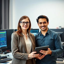 A female administrator with brown hair and glasses standing next to a male electronic engineer with black hair