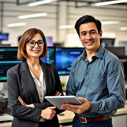 A female administrator with brown hair and glasses standing next to a male electronic engineer with black hair