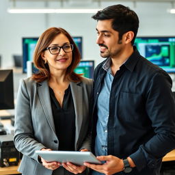 A female administrator with brown hair and glasses standing next to a male electronic engineer with black hair