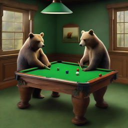 An image of highest quality featuring a bear and a fox engaged in a game of billiards