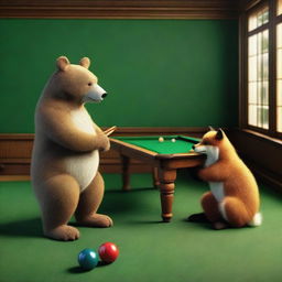 An image of highest quality featuring a bear and a fox engaged in a game of billiards