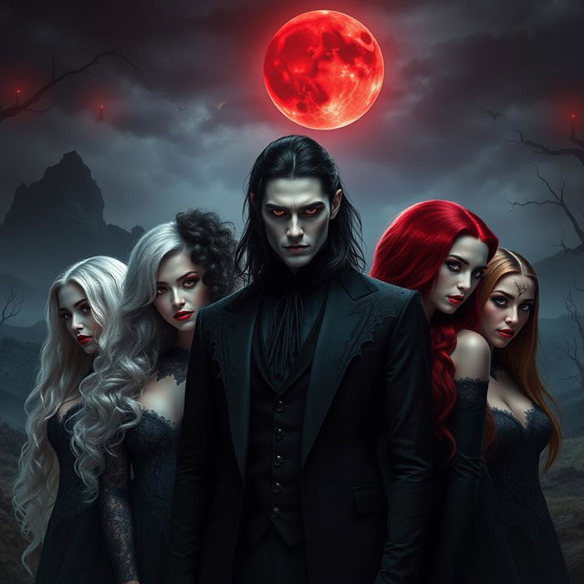 A striking scene featuring a vampire man surrounded by four vampire women of different races