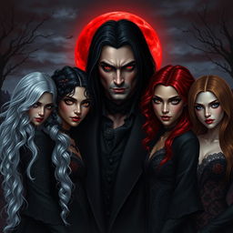 A striking scene featuring a vampire man surrounded by four vampire women of different races