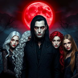 A striking scene featuring a vampire man surrounded by four vampire women of different races