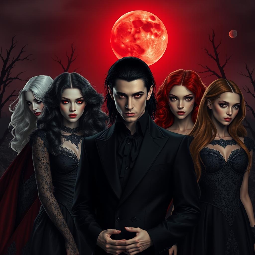 A striking scene featuring a vampire man surrounded by four vampire women of different races