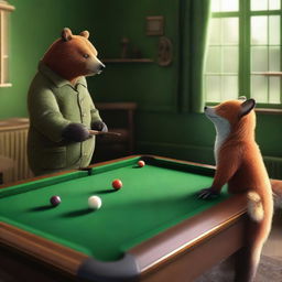 An image of highest quality featuring a bear and a fox engaged in a game of billiards