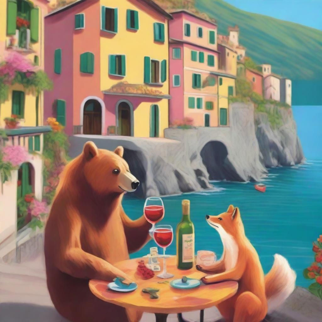 A high-quality image depicting a bear and a fox sharing a bottle of wine in the picturesque setting of Cinque Terre