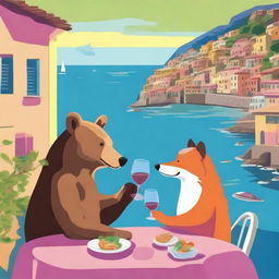 A high-quality image depicting a bear and a fox sharing a bottle of wine in the picturesque setting of Cinque Terre