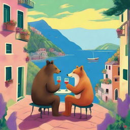 A high-quality image depicting a bear and a fox sharing a bottle of wine in the picturesque setting of Cinque Terre