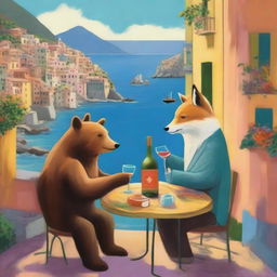 A high-quality image depicting a bear and a fox sharing a bottle of wine in the picturesque setting of Cinque Terre