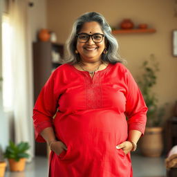 A 60-year-old dusky Indian plus-size housewife with grey long hair, wearing stylish glasses, confidently poses in a full-frontal whole body view