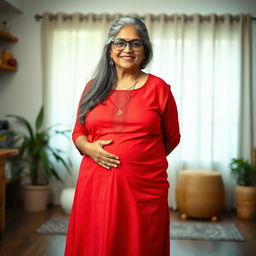 A 60-year-old dusky Indian plus-size housewife with grey long hair, wearing stylish glasses, confidently poses in a full-frontal whole body view