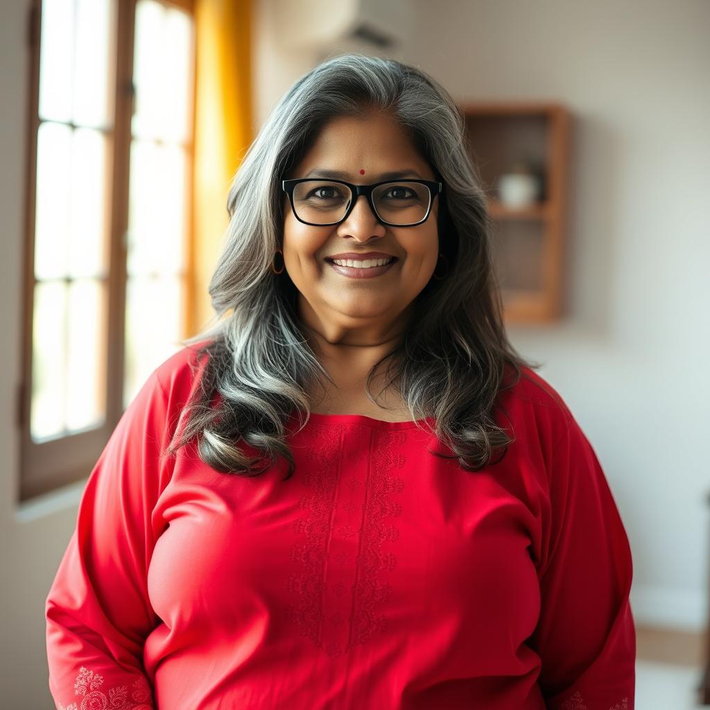 A 60-year-old dusky Indian plus-size housewife with grey long hair, wearing stylish glasses, confidently poses in a full-frontal whole body view