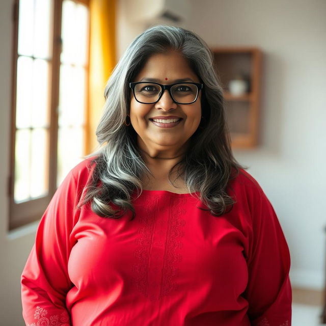 A 60-year-old dusky Indian plus-size housewife with grey long hair, wearing stylish glasses, confidently poses in a full-frontal whole body view