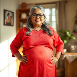 A 60-year-old dusky Indian plus-size housewife with grey long hair, wearing stylish glasses, confidently poses in a full-frontal whole body view