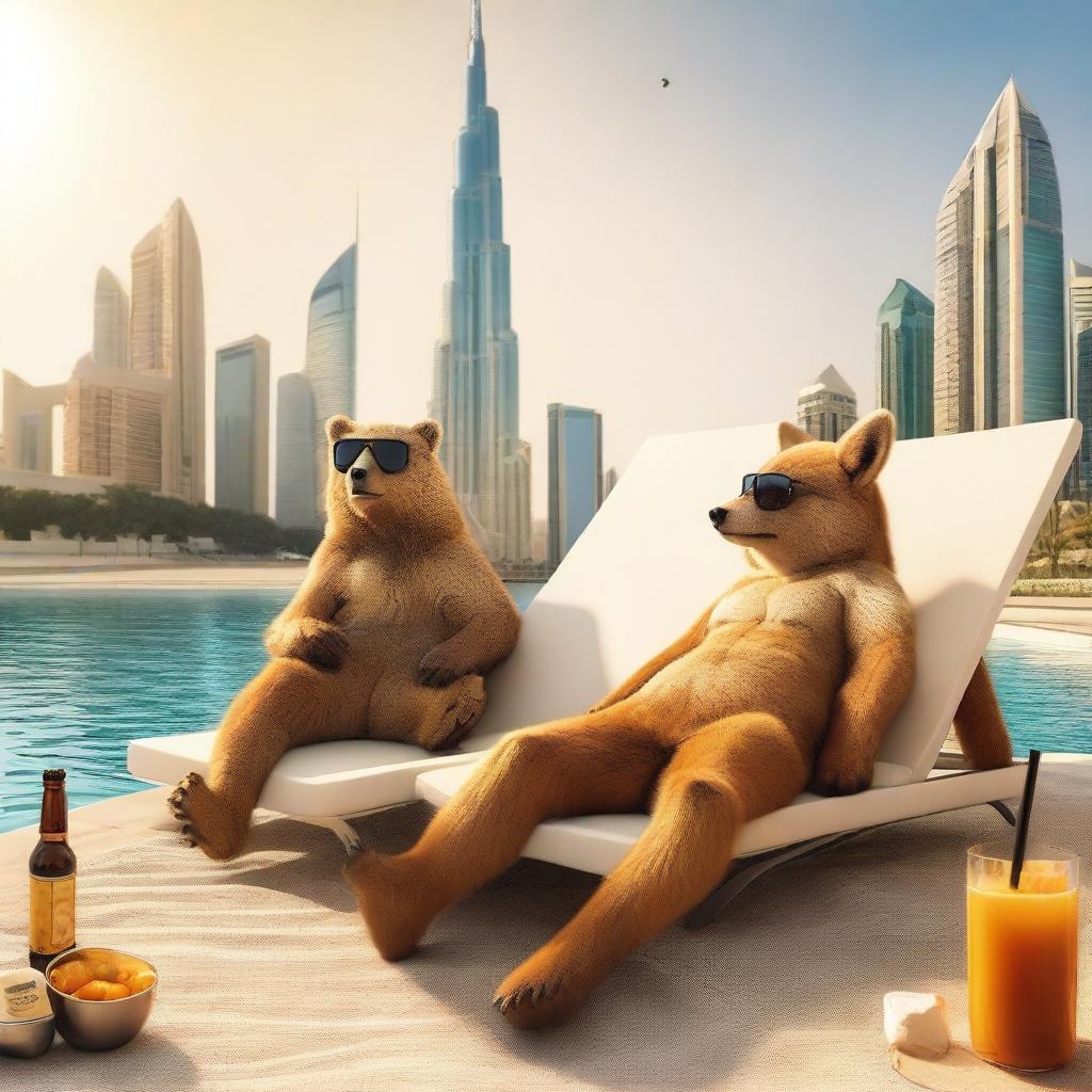 A high-quality, realistic image capturing a bear and a fox sunbathing in Dubai