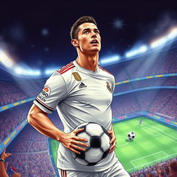 A detailed illustration of Cristiano Ronaldo, portraying the renowned soccer player in an athletic pose, wearing his iconic jersey