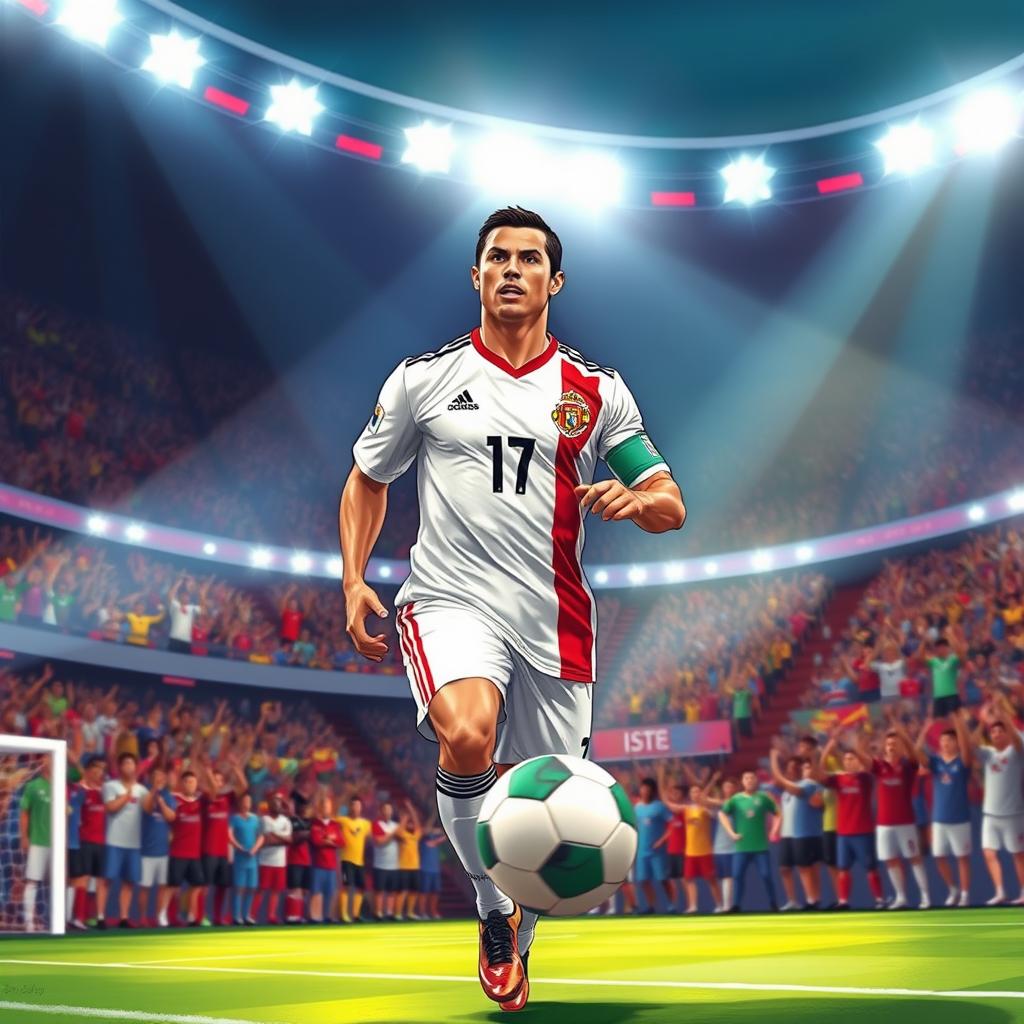 A detailed illustration of Cristiano Ronaldo, portraying the renowned soccer player in an athletic pose, wearing his iconic jersey