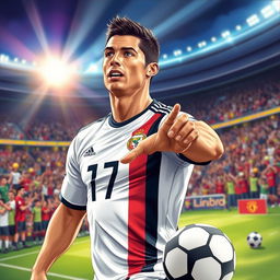 A detailed illustration of Cristiano Ronaldo, portraying the renowned soccer player in an athletic pose, wearing his iconic jersey