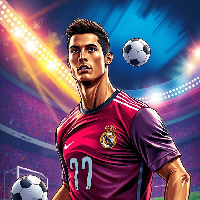 A detailed illustration of Cristiano Ronaldo, portraying the renowned soccer player in an athletic pose, wearing his iconic jersey