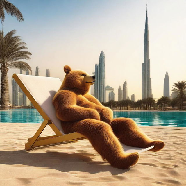 A high-quality, realistic image capturing a bear and a fox sunbathing in Dubai