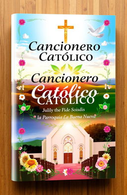 A beautifully designed cover for a Catholic songbook titled "Cancionero Católico de la Parroquia La Buena Nueva"