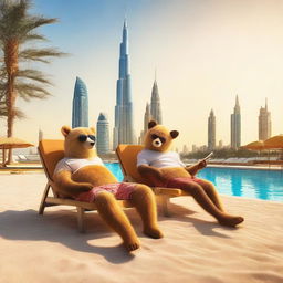 A high-quality, realistic image capturing a bear and a fox sunbathing in Dubai