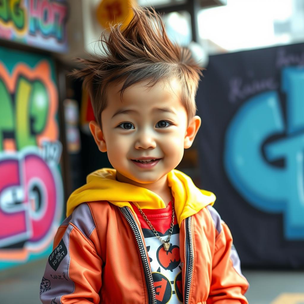 A child resembling the iconic K-Pop star G-Dragon from Big Bang, featuring a playful and stylish outfit that reflects G-Dragon's unique fashion sense, such as bold colors and trendy accessories