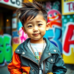 A child resembling the iconic K-Pop star G-Dragon from Big Bang, featuring a playful and stylish outfit that reflects G-Dragon's unique fashion sense, such as bold colors and trendy accessories