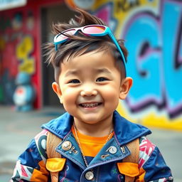 A child resembling the iconic K-Pop star G-Dragon from Big Bang, featuring a playful and stylish outfit that reflects G-Dragon's unique fashion sense, such as bold colors and trendy accessories