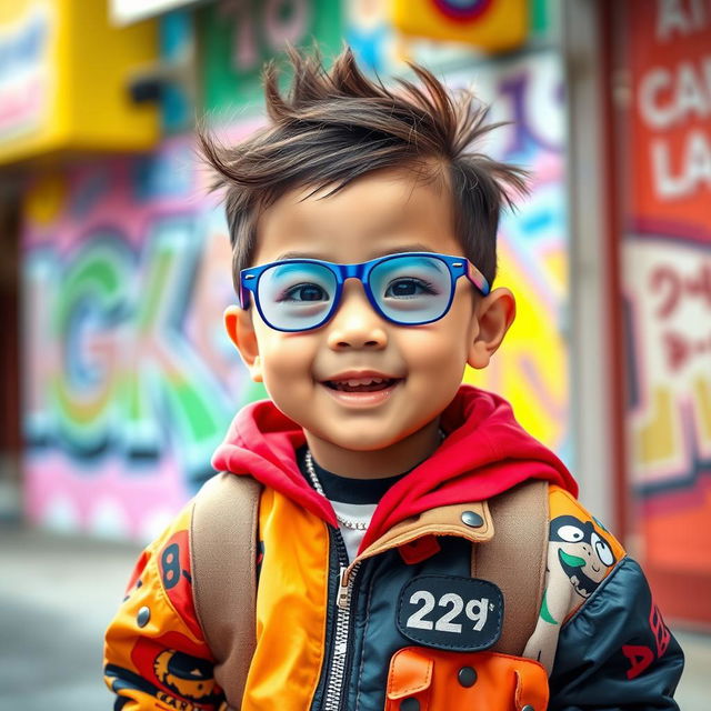 A child resembling the iconic K-Pop star G-Dragon from Big Bang, featuring a playful and stylish outfit that reflects G-Dragon's unique fashion sense, such as bold colors and trendy accessories