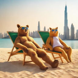 A high-quality, realistic image capturing a bear and a fox sunbathing in Dubai