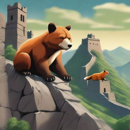 A high-quality, realistic image depicting a bear and a fox climbing the Great Wall of China