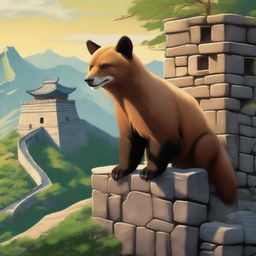 A high-quality, realistic image depicting a bear and a fox climbing the Great Wall of China