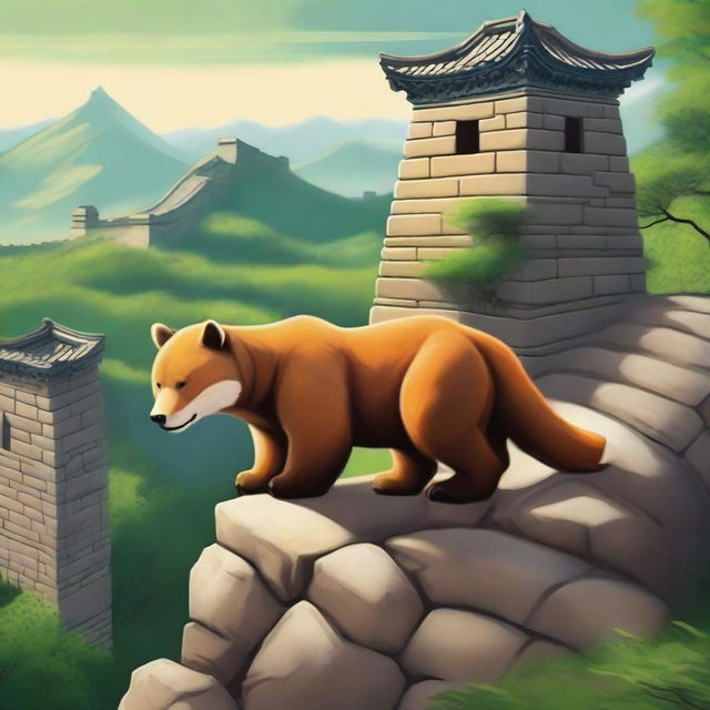 A high-quality, realistic image depicting a bear and a fox climbing the Great Wall of China