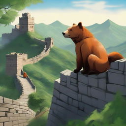 A high-quality, realistic image depicting a bear and a fox climbing the Great Wall of China