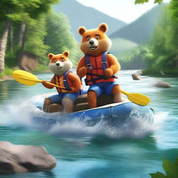 A high-quality, realistic image showing a bear and a fox engaging in a thrilling rafting adventure on the Mrežnica River