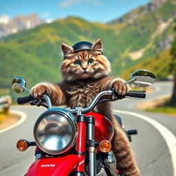 A fluffy grey cat with bright green eyes confidently riding a shiny red motorcycle, cruising down a winding mountain road