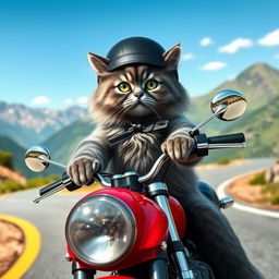 A fluffy grey cat with bright green eyes confidently riding a shiny red motorcycle, cruising down a winding mountain road