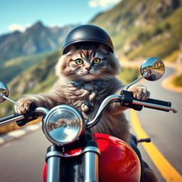 A fluffy grey cat with bright green eyes confidently riding a shiny red motorcycle, cruising down a winding mountain road