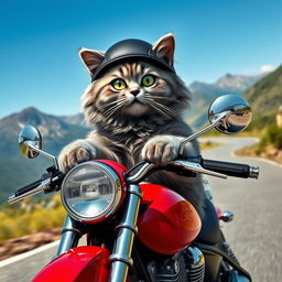 A fluffy grey cat with bright green eyes confidently riding a shiny red motorcycle, cruising down a winding mountain road