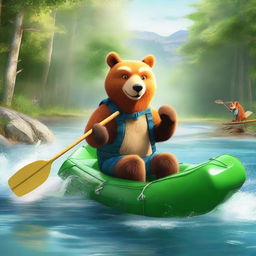 A high-quality, realistic image showing a bear and a fox engaging in a thrilling rafting adventure on the Mrežnica River