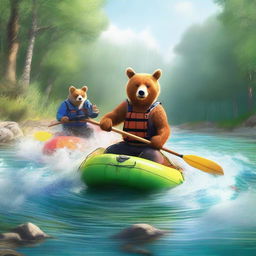 A high-quality, realistic image showing a bear and a fox engaging in a thrilling rafting adventure on the Mrežnica River