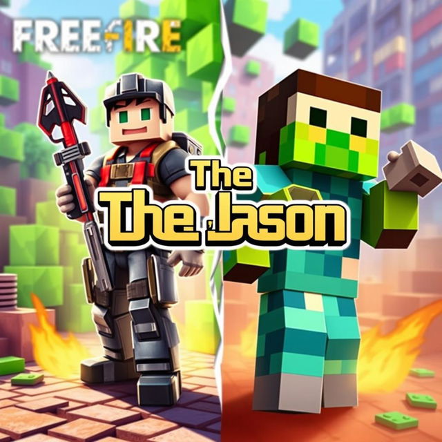 A vibrant and dynamic artwork that combines elements from both Free Fire and Minecraft