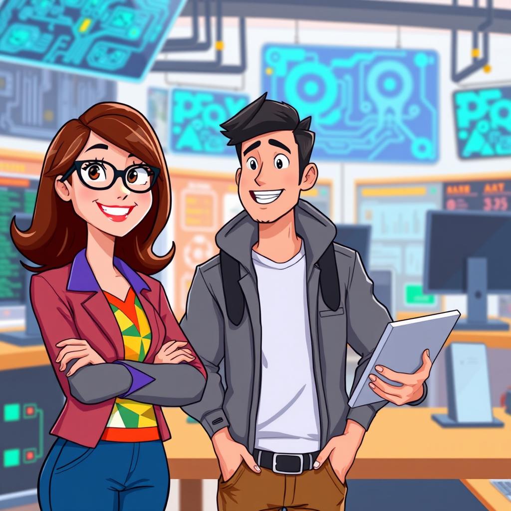 An animated scene featuring a female administrator with brown hair and glasses standing next to a male electronic engineer with black hair