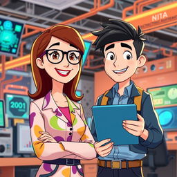 An animated scene featuring a female administrator with brown hair and glasses standing next to a male electronic engineer with black hair