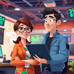 An animated scene featuring a female administrator with brown hair and glasses standing next to a male electronic engineer with black hair