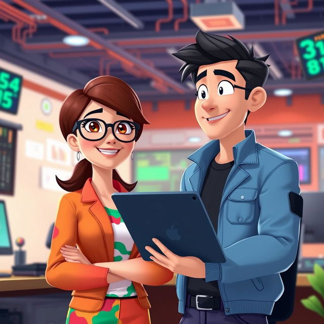 An animated scene featuring a female administrator with brown hair and glasses standing next to a male electronic engineer with black hair